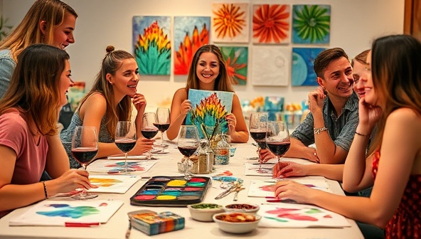 A group of friends laughing and creating colorful artworks at a table filled with craft supplies, paint palettes, and glasses of wine, showcasing a fun and creative DIY workshop setting that encourages socialization and artistic expression.