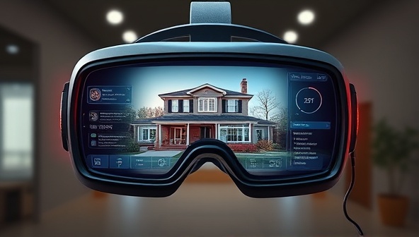 An imaginative visual of a VR headset displaying a virtual property inspection scene, with detailed property features and risk assessment data overlaid, illustrating the immersive and futuristic approach of VRInsure in property insurance assessments.