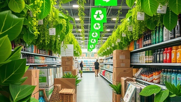An artistic representation of a digital marketplace filled with vibrant green leaves, recycled packaging materials, and eco-friendly product images, symbolizing sustainability and environmental awareness in online shopping.