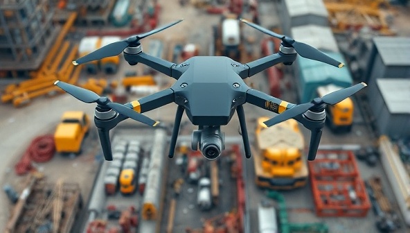A drone hovering above a construction site, capturing high-resolution images of workers, equipment, and structures below, demonstrating the futuristic and efficient nature of drone-based site inspections.