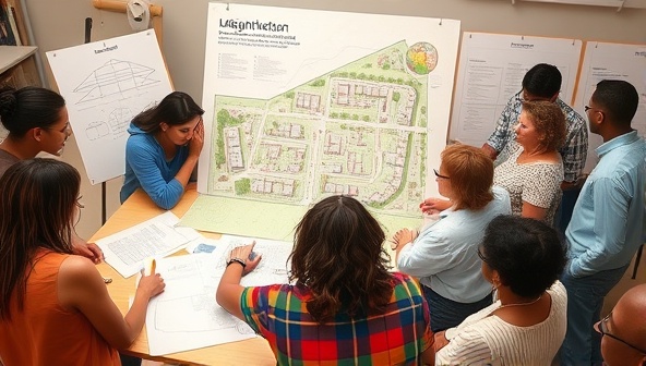 An image of a diverse group of community members and designers gathered around a large map and sketching boards, brainstorming ideas and discussing architectural concepts for a neighborhood improvement project, portraying the spirit of collaborative community design.