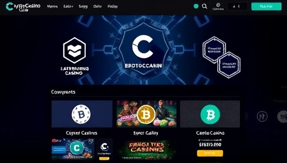 A sleek and modern online casino interface with blockchain logos and secure encryption symbols, showcasing the cutting-edge technology and transparency of CryptoCasino Club for its members.