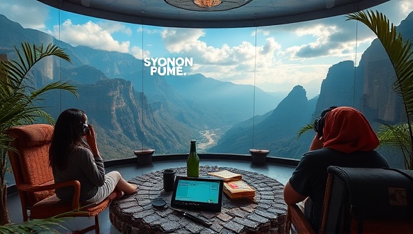 An immersive virtual adventure challenge scene with a captivating storyline, interactive puzzles, and virtual landscapes, inviting participants to embark on a thrilling and challenging virtual expedition inspired by global adventures.