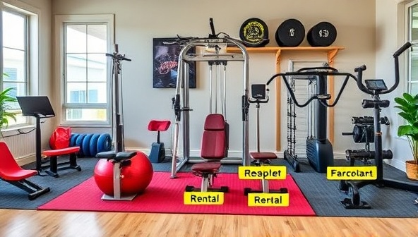 An engaging visual showcasing a range of fitness equipment neatly arranged in a home setting, with vibrant colors and labels indicating rental options, creating a sense of convenience and variety for customers.