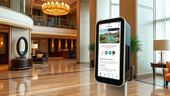An elegant hotel lobby with a digital kiosk displaying the Virtual Hotel Assist app, inviting guests to explore local attractions, request amenities, and engage with the hotel's services seamlessly, illustrating modern convenience and personalized hospitality.