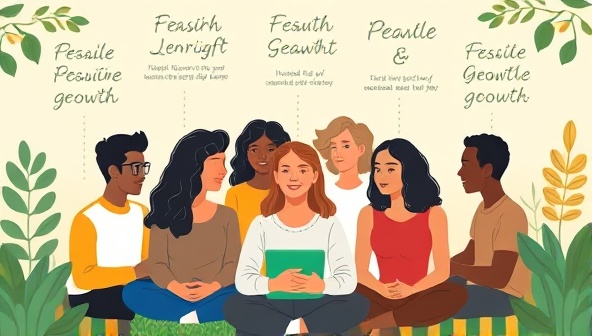 An artistic representation of a diverse group of individuals engaged in a virtual group coaching session, surrounded by calming nature elements and positive affirmations, conveying a sense of support and growth.