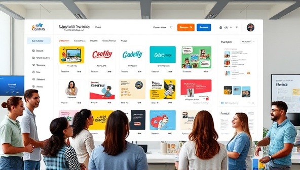 An interactive design studio dashboard displaying a variety of design resources, templates, and design tools, surrounded by happy subscribers collaborating and creating together, promoting a sense of community and creativity.