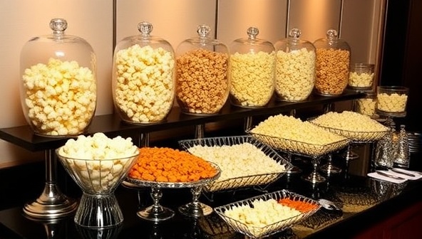 An elegant popcorn bar setup with a variety of gourmet popcorn flavors displayed in sleek glass containers, accompanied by stylish scoops and packaging options, showcasing the sophistication and versatility of popcorn as a premium snack.