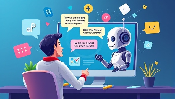 An imaginative depiction of a designer interacting with a friendly chatbot on a computer screen, exchanging design ideas and receiving instant design suggestions, with colorful chat bubbles and design elements floating around, illustrating the innovative and interactive nature of BotCraft Studios' personalized chatbot-driven web design services.