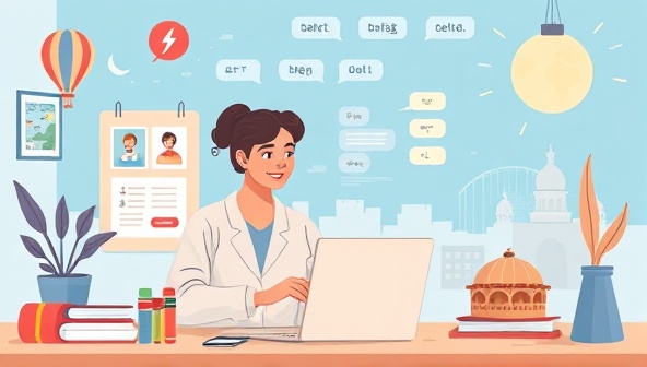 An illustration of a virtual language learning session, showing a tutor guiding a student through language exercises on a digital platform, with virtual language textbooks and cultural elements in the background, creating an immersive and engaging language learning experience.