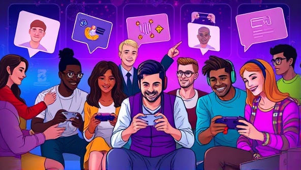 An engaging visual of gamers from different backgrounds and regions interacting on the PlayConnect app, joining virtual gaming sessions, sharing tips and strategies, and forming connections through a vibrant and dynamic digital community, highlighting the inclusive and social nature of the platform.