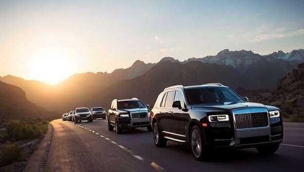 An exhilarating image of a convoy of luxury vehicles driving through a picturesque mountain pass or off-road terrain, with the sun setting in the background and a sense of adventure and exploration in the air, capturing the essence of automotive travel experiences offered by RoadQuest Expeditions.