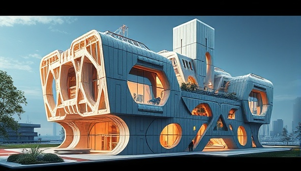 An artistic rendering of a futuristic building constructed with 3D printed materials, showcasing the intricate designs and sustainability aspects of using advanced construction technology.