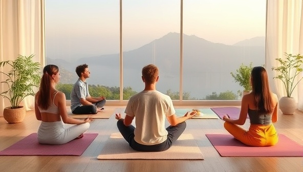 An evocative visual representation of a serene virtual mental wellness retreat setting with participants engaging in meditation, yoga poses, journaling activities, and group discussions, creating a calming and supportive atmosphere that promotes mental healing and emotional resilience in a digital retreat space.