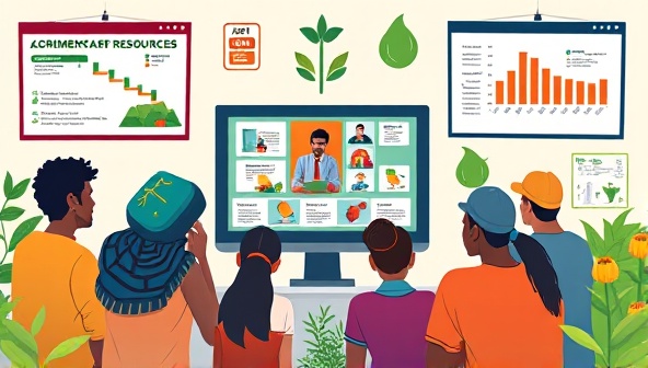 A vibrant digital illustration of a diverse group of farmers and agripreneurs engaging in an online training session via a video conference, with agricultural resources, charts, and mentorship materials displayed on screens around them, illustrating collaborative learning and knowledge sharing in the AgriMentor Hub community.