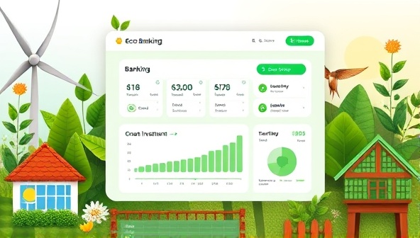 An eco-friendly banking platform interface with nature-inspired design elements, green investment options, and a carbon footprint tracker, surrounded by images of renewable energy sources and sustainable lifestyle choices, creating a visually appealing and environmentally conscious brand image.