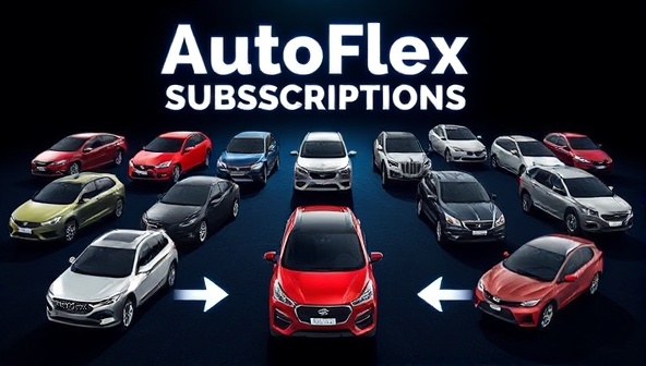 An engaging digital graphic featuring a diverse range of vehicles symbolizing the variety and flexibility of AutoFlex Subscriptions, with dynamic arrows indicating the ease of swapping and upgrading cars on the online platform.