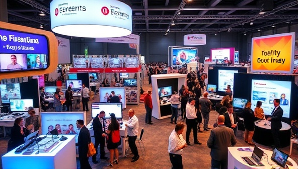 A vibrant virtual event space with interactive booths, engaging activities, and a diverse group of attendees networking and participating in virtual sessions, capturing the dynamic and immersive nature of online events planned by VirtuEvents Experts.