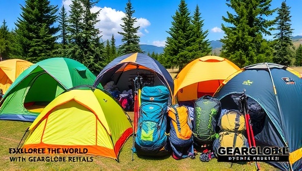 A visually appealing display of camping tents, backpacks, trekking poles, and outdoor gear neatly arranged in a vibrant outdoor setting, inviting travelers to explore the world with GearGlobe Rentals' premium adventure gear selection.