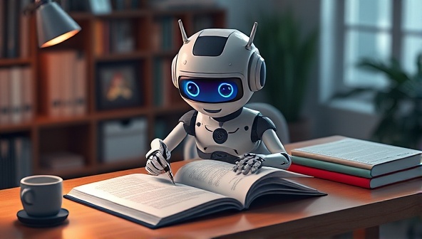 An AI assistant character sitting on a writer's desk, analyzing a manuscript with colorful digital enhancements, symbolizing creativity and innovation in writing support.