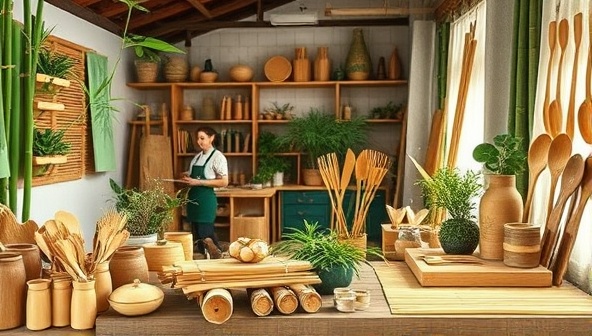 An eco-conscious image of a bamboo workshop with artisans crafting bamboo utensils, home accessories, and lifestyle products, showcasing the natural beauty and versatility of bamboo as a sustainable material, resonating with eco-friendly consumers and businesses.