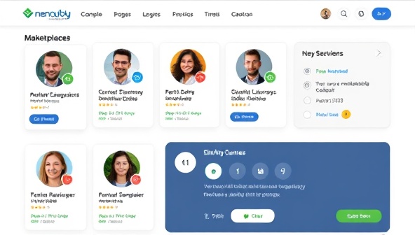 A digital marketplace interface featuring profiles of renewable energy consultants with expertise badges, client reviews, and a chat function for instant consultations, reflecting a dynamic and engaging platform.