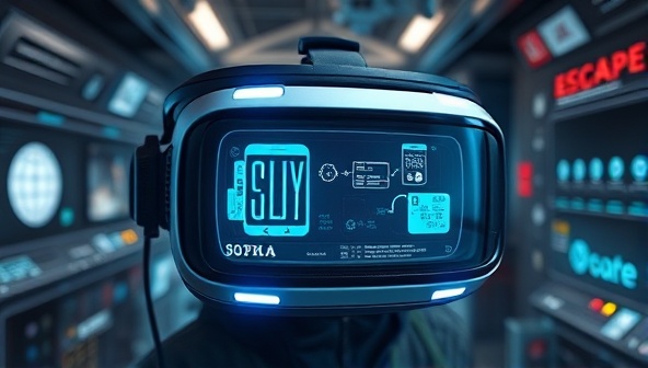 A futuristic virtual reality headset displaying an exciting escape room scenario with digital puzzles and clues, surrounded by a virtual world filled with mystery and adventure.