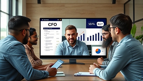 An engaging visual of a virtual CFO interacting with a group of diverse startup founders via a video conference call, discussing financial reports and growth strategies, symbolizing expert guidance and partnership in financial management.