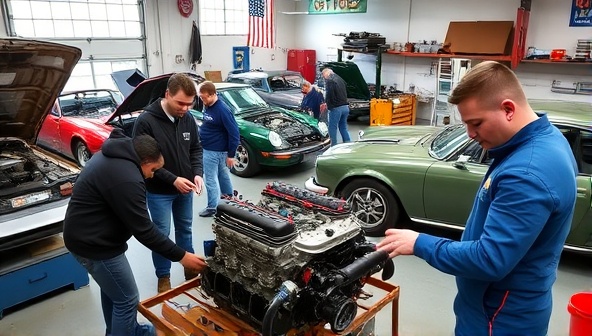 A vibrant workshop scene with members working on various cars, tools scattered across workbenches, and a skilled mechanic providing guidance on an engine repair project, fostering a collaborative and hands-on automotive experience.