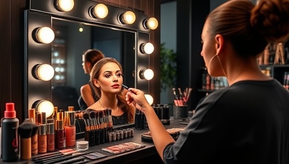 A captivating virtual makeup class setup with a variety of makeup products, brushes, and a mirror, showcasing a professional makeup artist demonstrating techniques on a model's face, highlighting the artistry and creativity of BlendMaster Studio.
