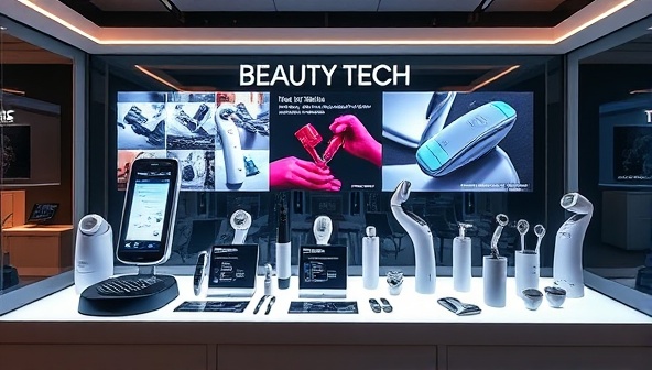 A sleek and futuristic beauty tech display featuring a variety of high-tech beauty gadgets and devices arranged in a modern setting with digital screens showcasing beauty tech features and benefits, creating a tech-forward and innovative beauty experience.