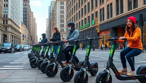 An urban scene with a row of electric scooters lined up for rental, with riders zooming past busy city streets, showcasing the convenience and sustainability of SwiftScoot electric scooter subscriptions.