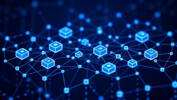 An interconnected network of digital blocks representing blockchain technology, with nodes representing designers, clients, and developers collaborating seamlessly in a decentralized design marketplace, showcasing the secure and transparent nature of the blockchain-powered platform.