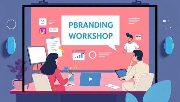 A digital illustration of a personal branding workshop in a virtual setting, featuring individuals discussing brand strategies, content creation ideas, and social media tips on a digital platform with branding visuals, analytics data, and influencer success stories, symbolizing growth and influence in the digital realm.