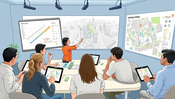 An illustration of a virtual urban planning workshop with diverse participants brainstorming ideas on digital tablets, sketching on virtual whiteboards, and analyzing city maps, highlighting the collaborative and innovative nature of CityVision Labs' workshops.
