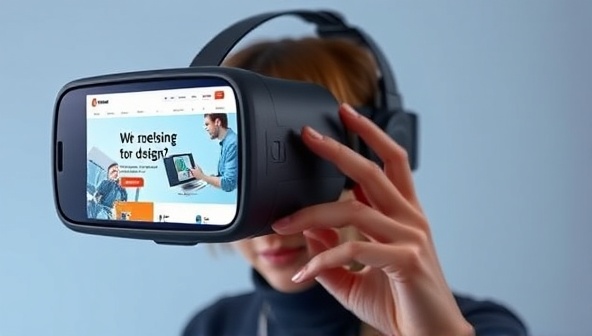 A virtual reality headset displaying a 3D representation of a website design, with a designer interacting with the virtual interface to showcase the immersive and collaborative nature of VR design consultations.
