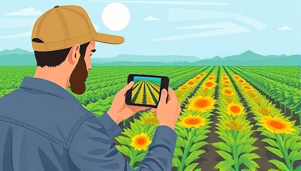 An illustration showing a farmer using a smartphone app to scan crops in the field, with AI-generated visuals highlighting areas affected by diseases, demonstrating the ease and effectiveness of early detection technology.
