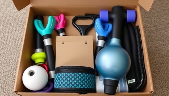 An assortment of high-quality fitness equipment displayed in a sleek and organized rental box, showcasing the convenience and versatility of FitGear Flex's subscription service.