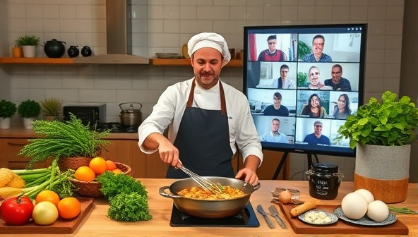 An online cooking class setup featuring a professional chef demonstrating a recipe, surrounded by fresh ingredients, cooking utensils, and a digital screen displaying participants following along from their kitchens, creating a dynamic and interactive culinary experience.