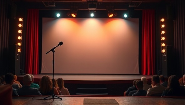 A stage setup with a microphone stand, comedy backdrop, and a spotlight shining on an empty stage, showcasing the anticipation and excitement of a comedy performance about to begin, with an audience eagerly waiting for the laughs to unfold.