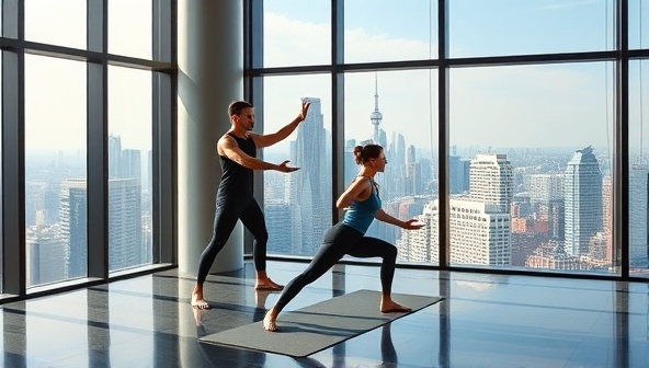 A sleek and modern fitness studio with floor-to-ceiling windows overlooking a city skyline, featuring a personal trainer assisting a client in a yoga session, exuding sophistication and exclusivity.