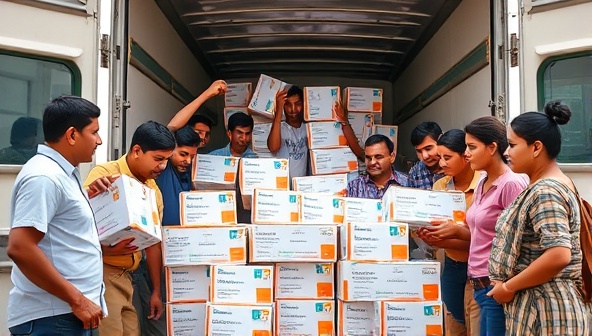 An image of a diverse group of people unloading boxes of medications from a delivery truck, with pharmaceutical logos visible on the packaging, showcasing the distribution of donated medicines through PharmAid Network for humanitarian aid purposes.