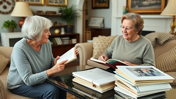 An intimate setting with a senior client sharing stories with a memoir writer in a cozy living room, surrounded by photo albums, memorabilia, and a stack of handwritten notes, capturing the essence of preserving memories and storytelling legacy.