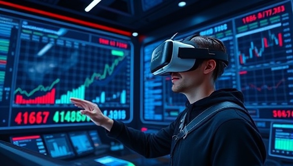 An immersive virtual reality scene featuring a user wearing a VR headset and interacting with financial charts, graphs, and trading tools in a futuristic digital environment, illustrating the concept of experiential learning and virtual investing in VR InvestLab.