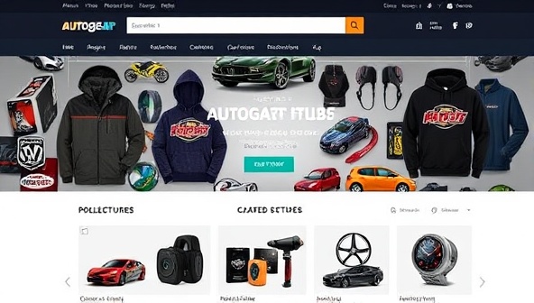 An online marketplace homepage featuring a diverse range of automotive merchandise, including apparel, accessories, and collectibles, with vibrant visuals and a user-friendly interface that captures the essence of AutoGear Hub's curated selection.