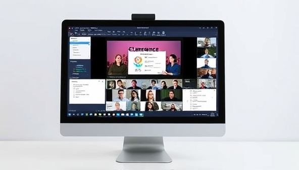 A virtual event setup displayed on a computer screen, featuring a professional event planner coordinating multiple aspects of an online conference, with digital graphics, schedules, and participant interactions in view, conveying a sense of virtual event management and organization.