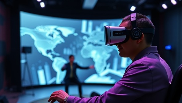 An engaging virtual reality setup where a candidate is immersed in a digital world, showcasing their skills to a virtual interviewer, creating a futuristic and interactive recruitment experience.