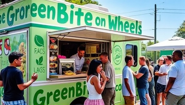 A vibrant image of the GreenBite on Wheels food truck with a colorful display of plant-based dishes, smiling customers enjoying their meals outdoors, and a line of people eagerly waiting to order, capturing the lively and inclusive atmosphere of the plant-based food truck experience.
