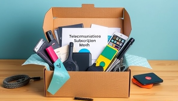 An image of a creatively designed subscription box filled with telecommunication gadgets, accessories, and tech tools, showcasing the variety and excitement of receiving the Telecommunications Subscription Box Service every month.