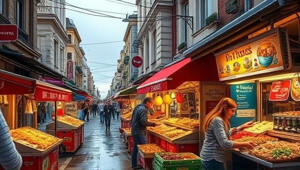 An enticing collage of street food images from different countries, showcasing a colorful array of dishes on bustling urban streets, evoking a sense of culinary adventure and cultural exploration.